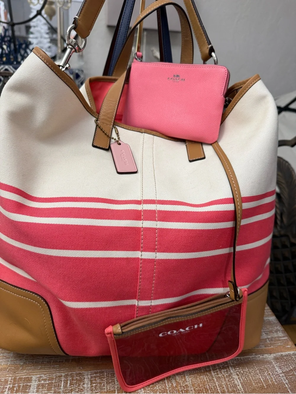 Coach Coral Cream Striped Canvas Tote with Brown Trim and Matching Pouches
